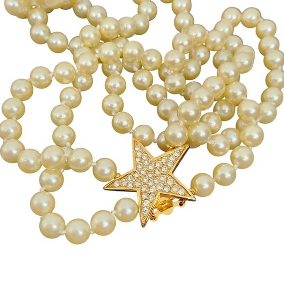 VTG JOAN RIVERS PEARL NECKLACE KNOTTED GOLD TONE STAR SIGNED CLASSIC GLAM LUXURY - Picture 2 of 8